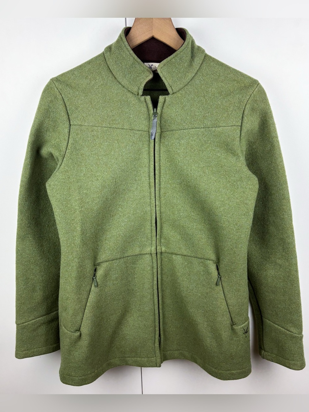 Ibex 100% Boiled Wool Full Zip Jacket Olive Green Outdoor Hiking Womens Medium